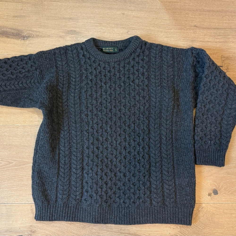 Blarney Woollen Mills Gray Cable Knit Sweater - 100% Merino Wool - Dark Grey
